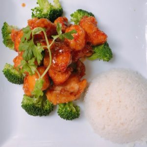 C10. Sesame Chicken Rice Plate